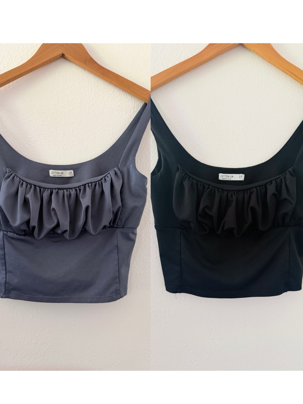 Bundle of 2 Cotton On Ruched Cropped Tank Tops - Black and Silver Blue